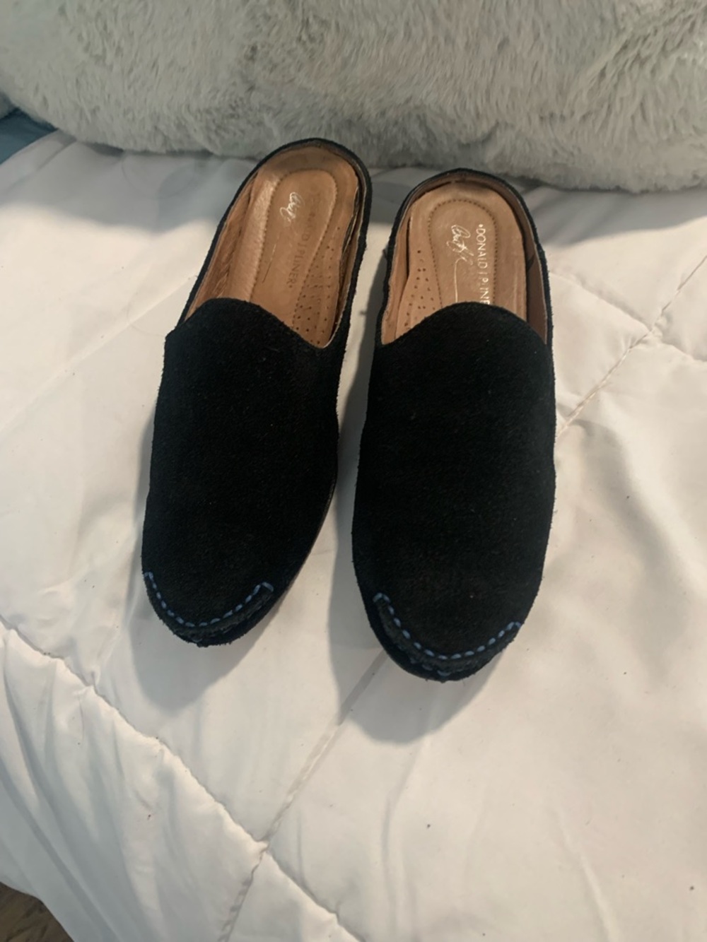 Donald J. Pliner Black Suede Slip-On Loafers with Blue Stitching